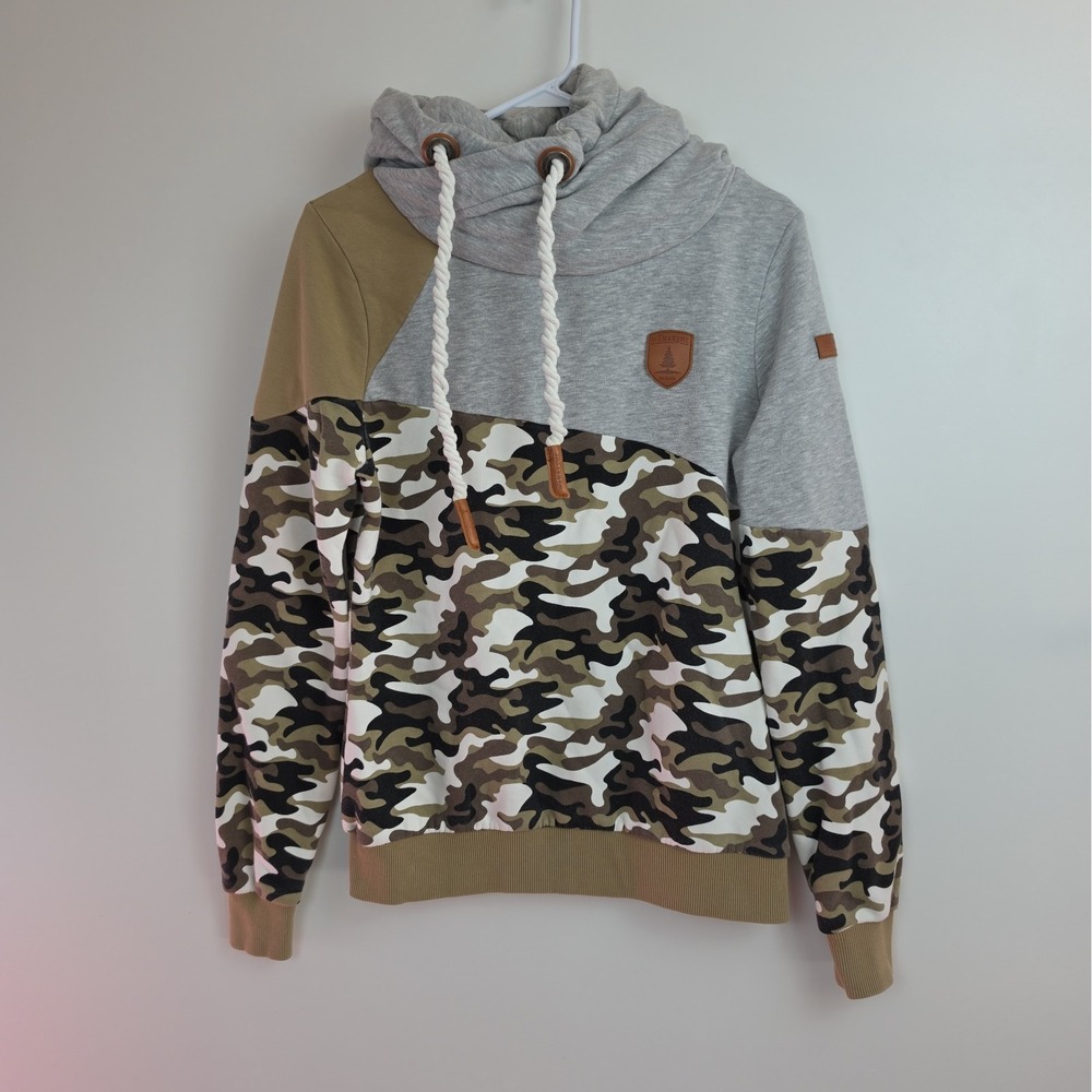 Wanakome Hoodie Womens S Camo Colorblock Gray Pullover Rope Drawstring Outdoor